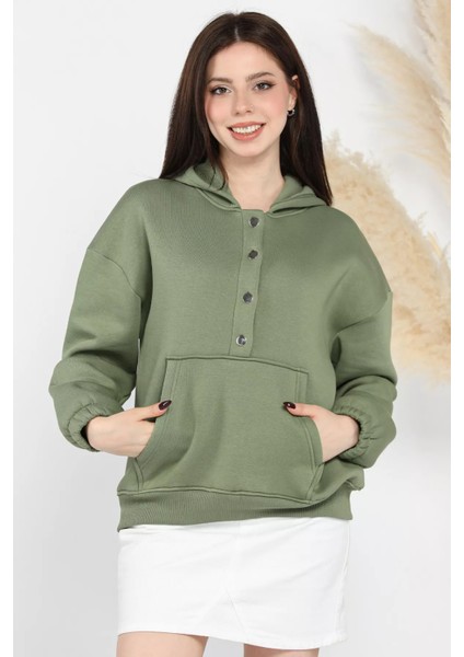 Kadın Şardonlu Kanguru Cepli Düğme Detaylı Sweatshirt fiyatları