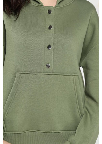 Kadın Şardonlu Kanguru Cepli Düğme Detaylı Sweatshirt fırsatları