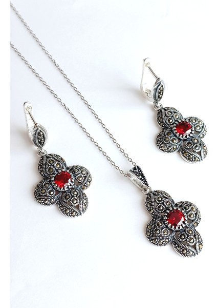 Gümüş Markazit Otantik Sultan Yonca Tasarım Kadın Set Kolye Küpe Doğum Günü Hediye