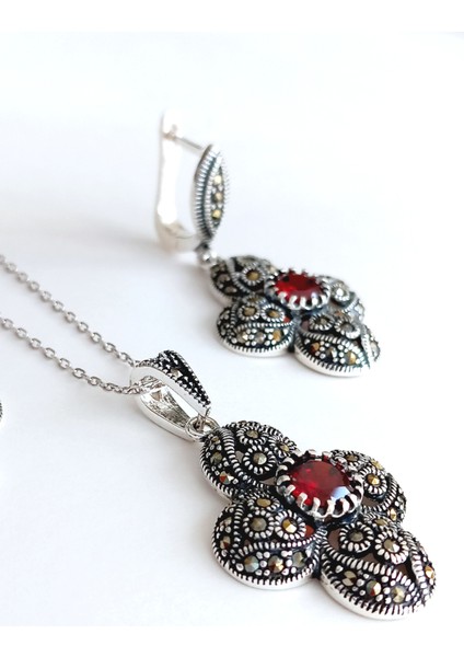 Gümüş Markazit Otantik Sultan Yonca Tasarım Kadın Set Kolye Küpe Doğum Günü Hediye