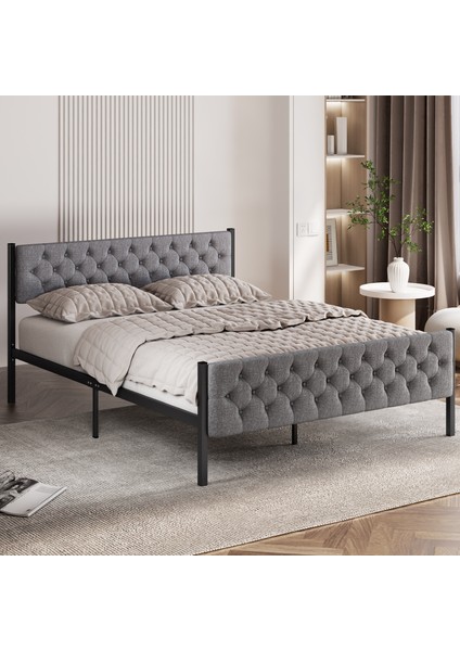 Karyola, Stil Metal Karyola, 140 x 190 cm , Kapitone Işlemeli Karyola