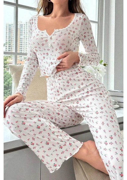 Çiçek Baskılı Uzun Kollu Pamuk Pijama Takımı