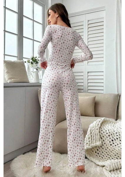 Çiçek Baskılı Uzun Kollu Pamuk Pijama Takımı