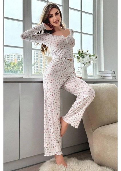 Çiçek Baskılı Uzun Kollu Pamuk Pijama Takımı