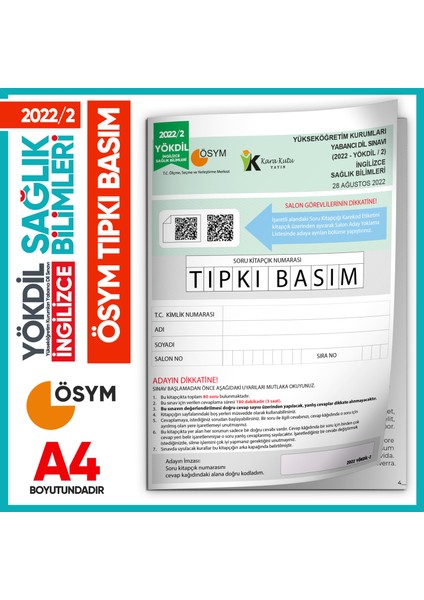2022/2 Yökdil Ingilizce Sağlık Bilimleri Ösym Çıkmış Soru Tıpkı Basım Deneme Kitapçığı Türkiye Genel