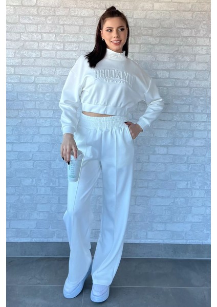 Kadın Scuba Kumaş Kabartma Yazı Baskılı Crop Top Eşofman Takımı