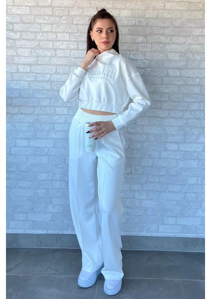 Kadın Scuba Kumaş Kabartma Yazı Baskılı Crop Top Eşofman Takımı