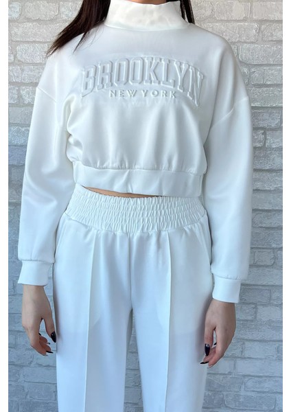 Kadın Scuba Kumaş Kabartma Yazı Baskılı Crop Top Eşofman Takımı