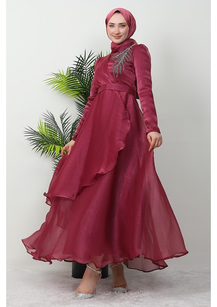 Taşlı Organze Abiye Fuşya