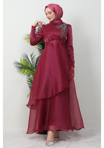 Taşlı Organze Abiye Fuşya