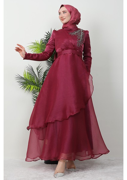 Taşlı Organze Abiye Fuşya