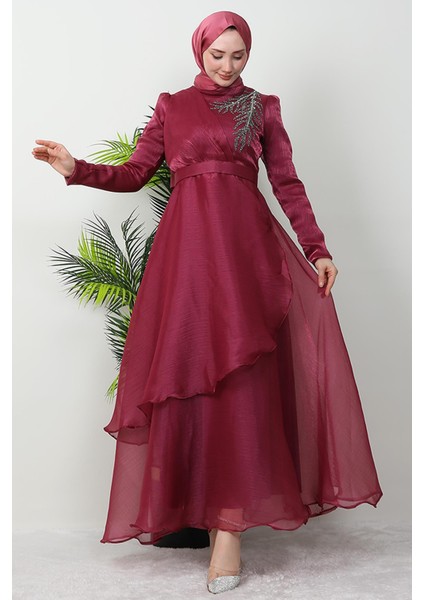 Taşlı Organze Abiye Fuşya