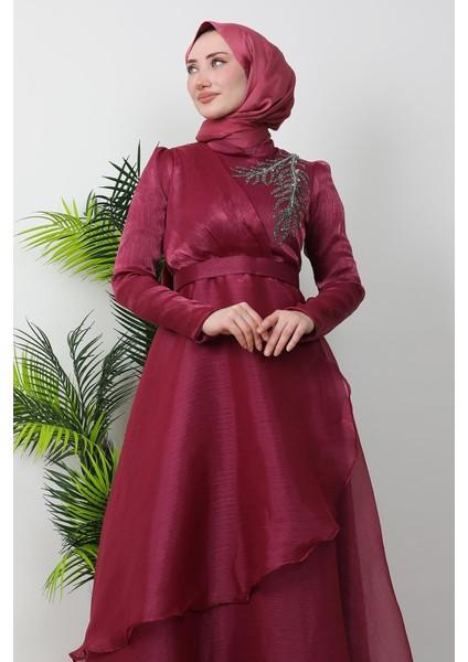Taşlı Organze Abiye Fuşya