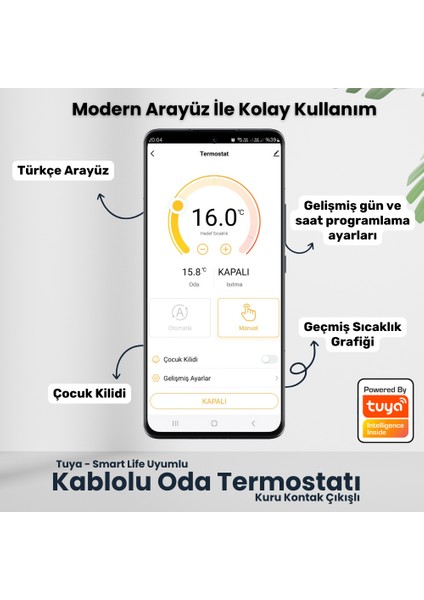 Wifi Kablolu Akıllı Oda Termostatı ( Tuya - Smart Life Uyumlu)