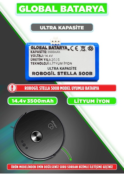 Robogil Stella 500B Uyumlu Akıllı Robot Süpürge Bataryası 14.4V 3500MAH Li-Ion Pil (Ultra Kapasite)