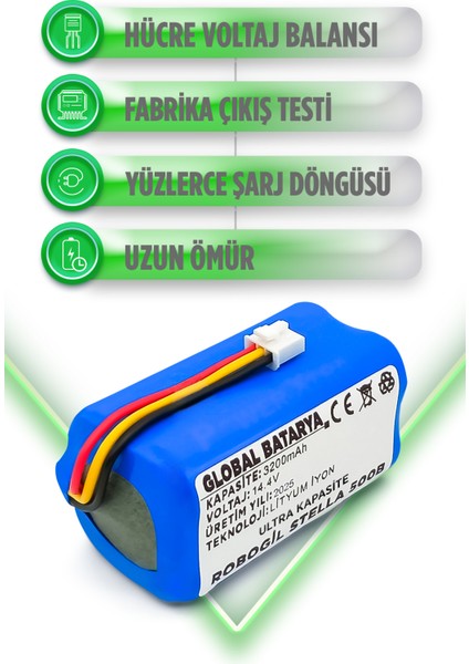Robogil Stella 500B Uyumlu Akıllı Robot Süpürge Bataryası 14.4V 3500MAH Li-Ion Pil (Ultra Kapasite) modelleri