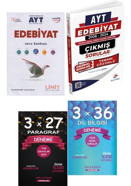 Anla Kazan Deneme Seti + Limit Ayt Edebiyat Soru + Dizgi Kitap Ayt Edebiyat Çıkmış Sorular Seti