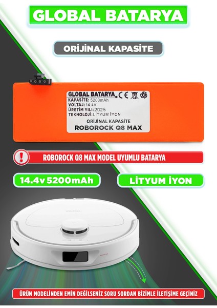 Roborock Q8 Max Uyumlu Akıllı Robot Süpürge Bataryası 14.4V 5200MAH Li-Ion Pil (Orijinal Kapasite)