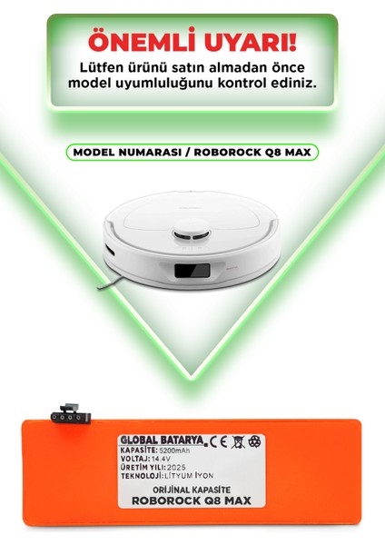 Roborock Q8 Max Uyumlu Akıllı Robot Süpürge Bataryası 14.4V 5200MAH Li-Ion Pil (Orijinal Kapasite)
