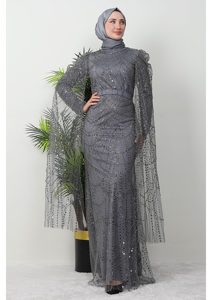 Duru Taşlı Abiye Koyu Gri