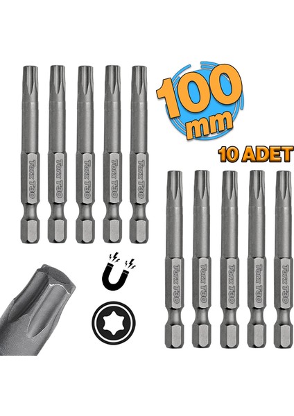 Mıknatıslı Torx T30 Bits Uç 100 mm 10'lu Set Kutulu Manyetik 1/4" Matkap Ucu Tork 10 cm Uzunluk
