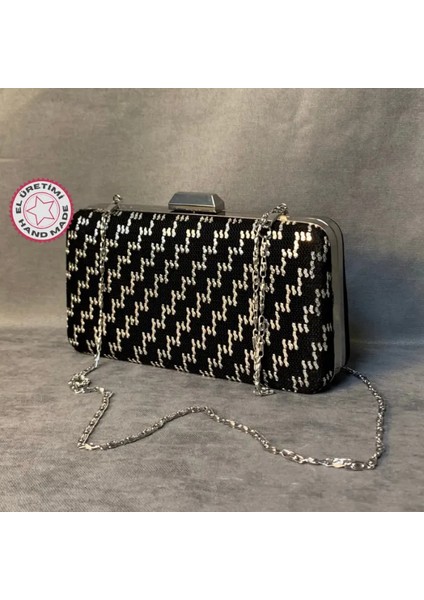El Yapımı Gümüş Rengi Tel Kırma Siyah Abiye Çanta - 10 x 20 cm