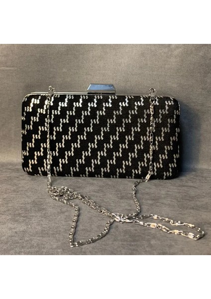 El Yapımı Gümüş Rengi Tel Kırma Siyah Abiye Çanta - 10 x 20 cm