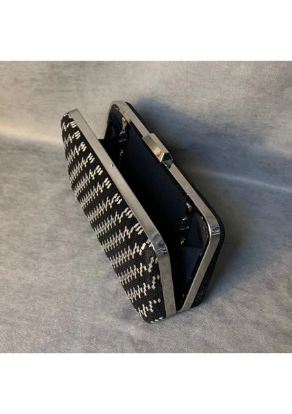 El Yapımı Gümüş Rengi Tel Kırma Siyah Abiye Çanta - 10 x 20 cm