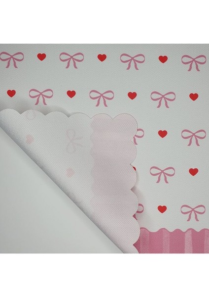 Romantik Pembe Çizgili Fiyonk ve Kalp Desenli Lazer Kesim Kumaş Fırın Örtüsü