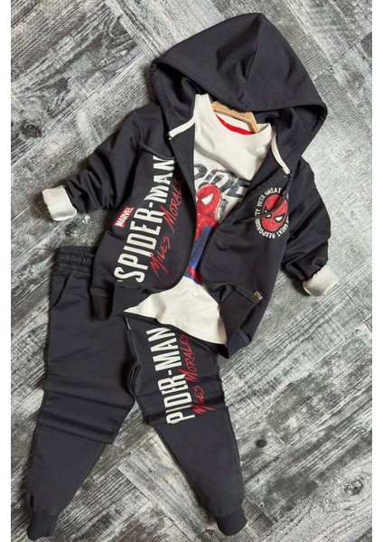 Erkek Çocuk Örümcek Adam Baskılı ve Yazı Detaylı Kapüşonlu Siyah Ceket Eşofman Takım