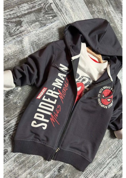 Erkek Çocuk Örümcek Adam Baskılı ve Yazı Detaylı Kapüşonlu Siyah Ceket Eşofman Takım fiyatları