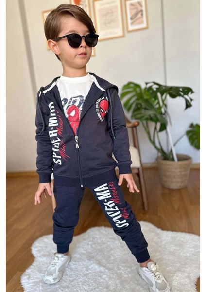 Erkek Çocuk Örümcek Adam Baskılı ve Yazı Detaylı Kapüşonlu Siyah Ceket Eşofman Takım modelleri