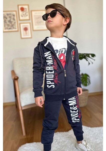 Erkek Çocuk Örümcek Adam Baskılı ve Yazı Detaylı Kapüşonlu Siyah Ceket Eşofman Takım fırsatları