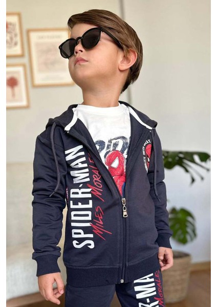 Erkek Çocuk Örümcek Adam Baskılı ve Yazı Detaylı Kapüşonlu Siyah Ceket Eşofman Takım indirimleri
