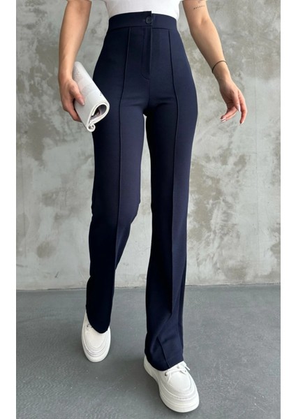 Kadın Lacivert Yüksek Bel Toparlayıcı Orijinal Krep Kumaş Palazzo Pantolon