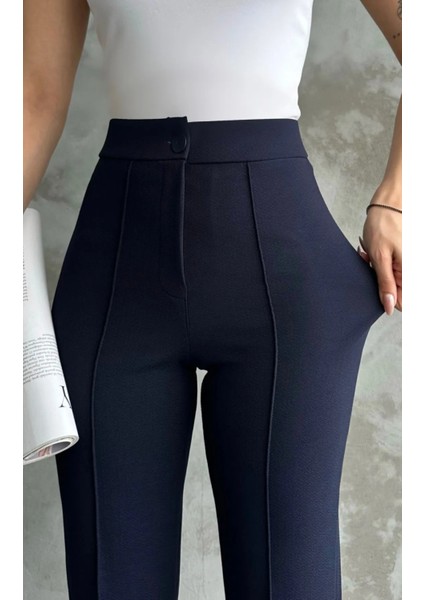 Kadın Lacivert Yüksek Bel Toparlayıcı Orijinal Krep Kumaş Palazzo Pantolon modelleri