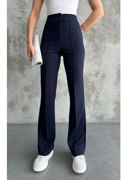 Kadın Lacivert Yüksek Bel Toparlayıcı Orijinal Krep Kumaş Palazzo Pantolon fırsatları