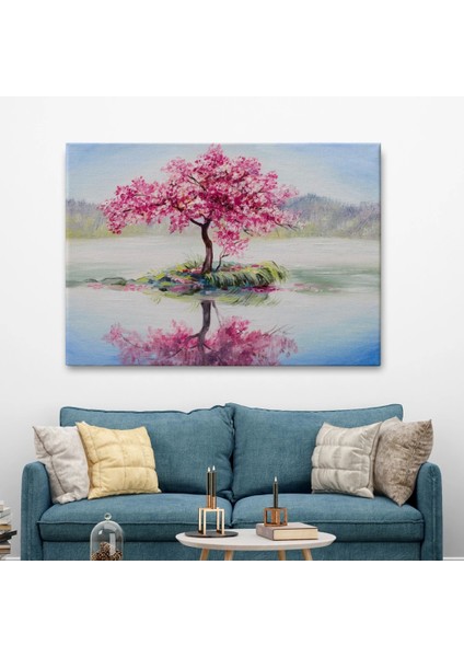 - Gölde Sakura Ağacı Yağlıboya Görünüm Kanvas Duvar TABLOSU-3494