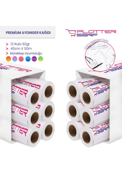 ® Plotter Aydınger (Çizim) Kağıdı 92GR Rulo 45CM x 50MT (12 Rulo)