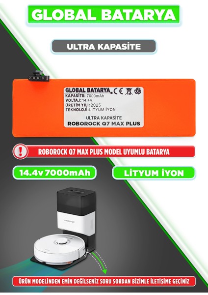 Roborock Q7 Max Plus Uyumlu Akıllı Robot Süpürge Bataryası 14.4V 7000MAH Li-Ion Pil (Ultra Kapasite)