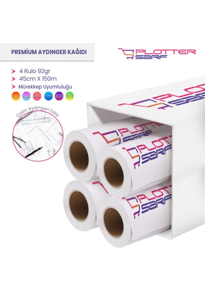 PlotterSarf® Plankopya Ozalit Aydınger (Çizim) Kağıdı 92GR Rulo 45CM x 150MT (4 Rulo)