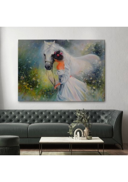- Bayaz At ve Sahibi Kız Yağlıboya Görünüm Dekoratif Kanvas Duvar TABLOSU-3539
