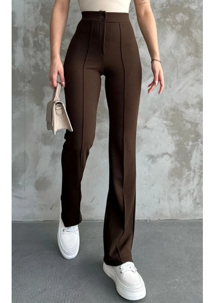 Kadın Kahverengi Yüksek Bel Toparlayıcı Orijinal Krep Kumaş Palazzo Pantolon