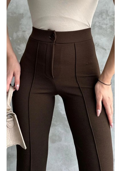 Kadın Kahverengi Yüksek Bel Toparlayıcı Orijinal Krep Kumaş Palazzo Pantolon fiyatları