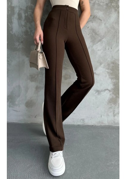 Kadın Kahverengi Yüksek Bel Toparlayıcı Orijinal Krep Kumaş Palazzo Pantolon modelleri