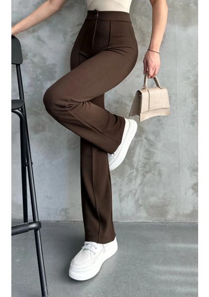 Kadın Kahverengi Yüksek Bel Toparlayıcı Orijinal Krep Kumaş Palazzo Pantolon fırsatları