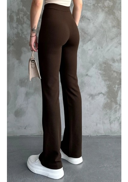 Kadın Kahverengi Yüksek Bel Toparlayıcı Orijinal Krep Kumaş Palazzo Pantolon indirimleri