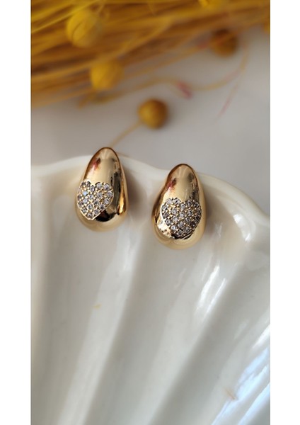 Zirkon Kalp Damla Metal Gold Küpe