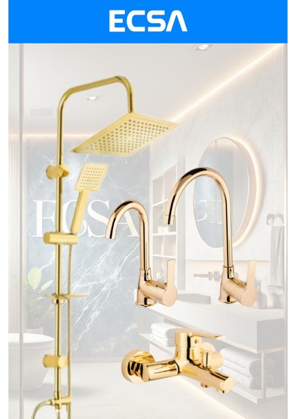 Lüx Gold Kare Robot Duş Seti, Eviye, Banyo ve Lavabo Bataryası 4'lü Set