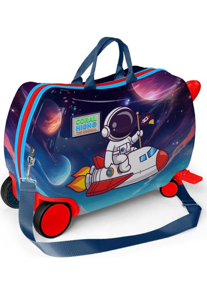 Kids Kırmızı Lacivert Astronot Desenli Otur-Çek Çocuk Valizi 16364